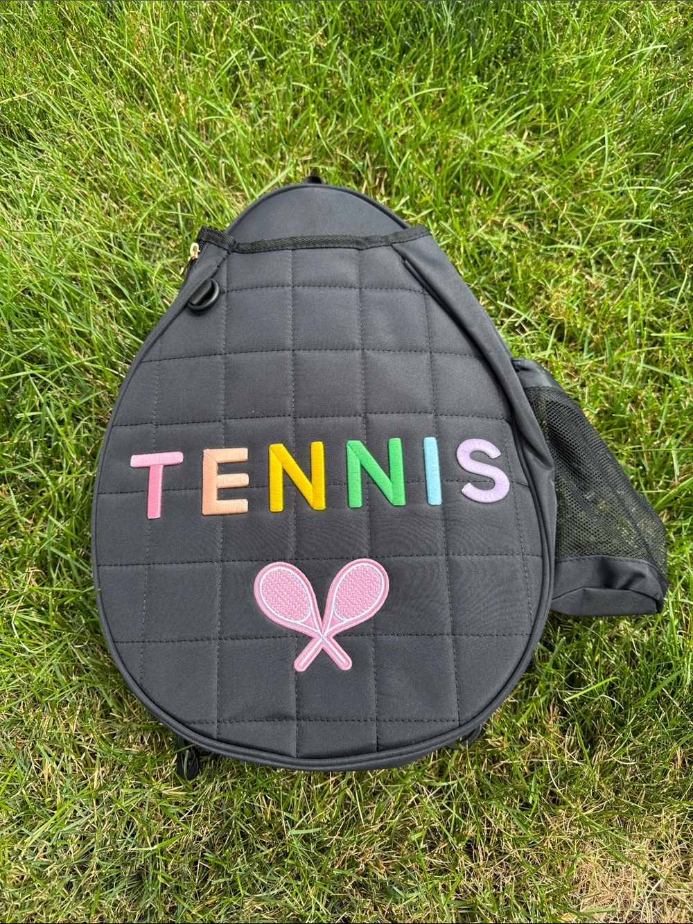 Black Quilted Tennis Racket Cover with Colorful Lettering